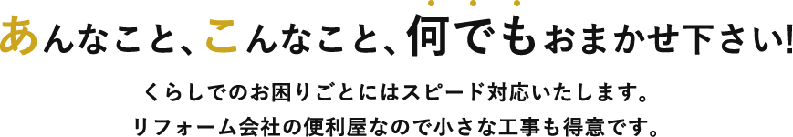 あんなこと、こんなこと、何でもおまかせ下さい! くらしでのお困りごとにはスピード対応いたします。 リフォーム会社の便利屋なので小さな工事も得意です。